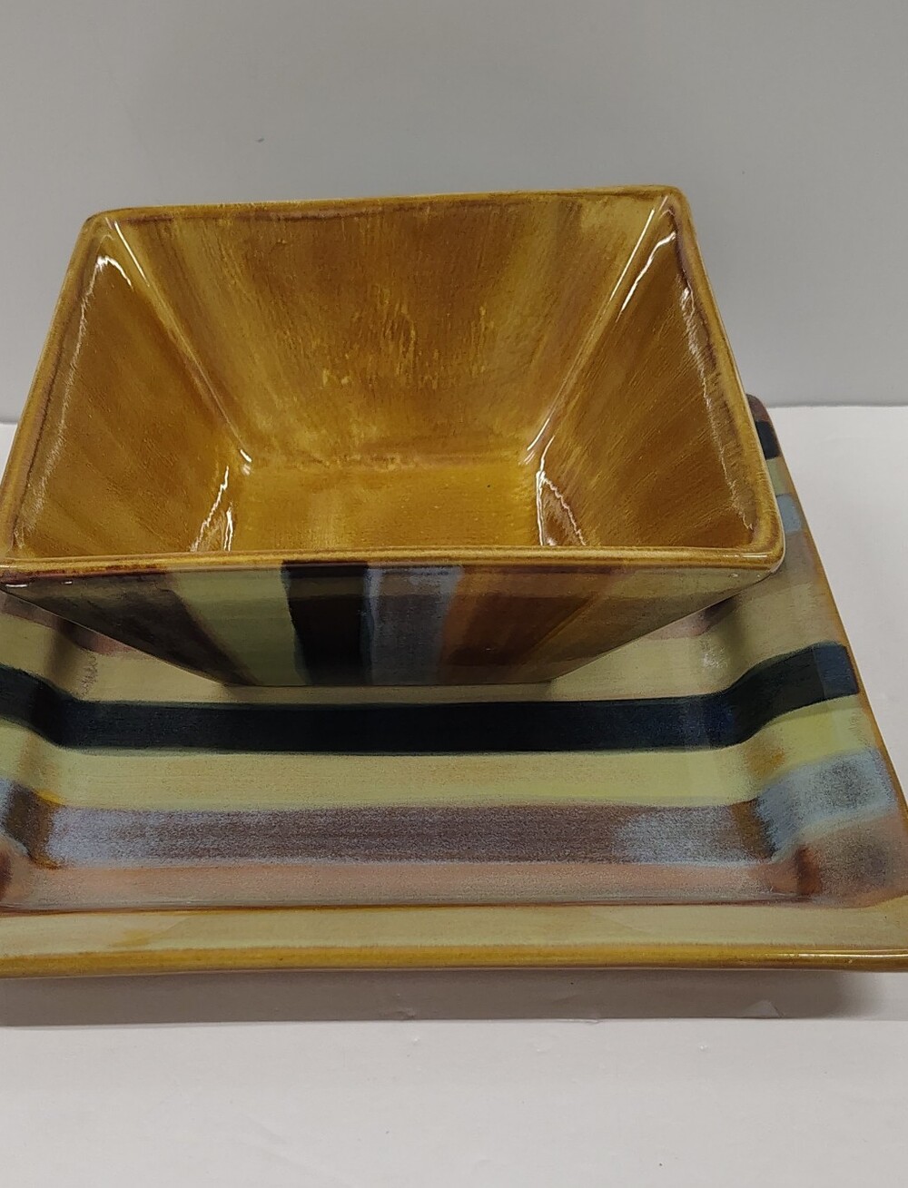 Tabletops Gallery YORK Hand Painted Square Salad Soup Bowl & 9" Earth Tone Plate